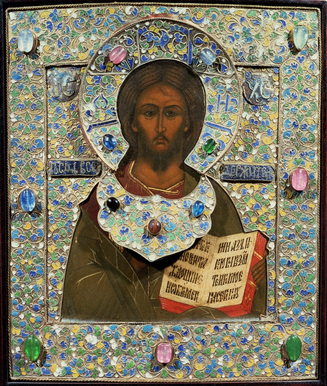 Christ Pantocrator, ikon (tempera på panel med forgylt og cloisonne emaljeramme) av Russian School