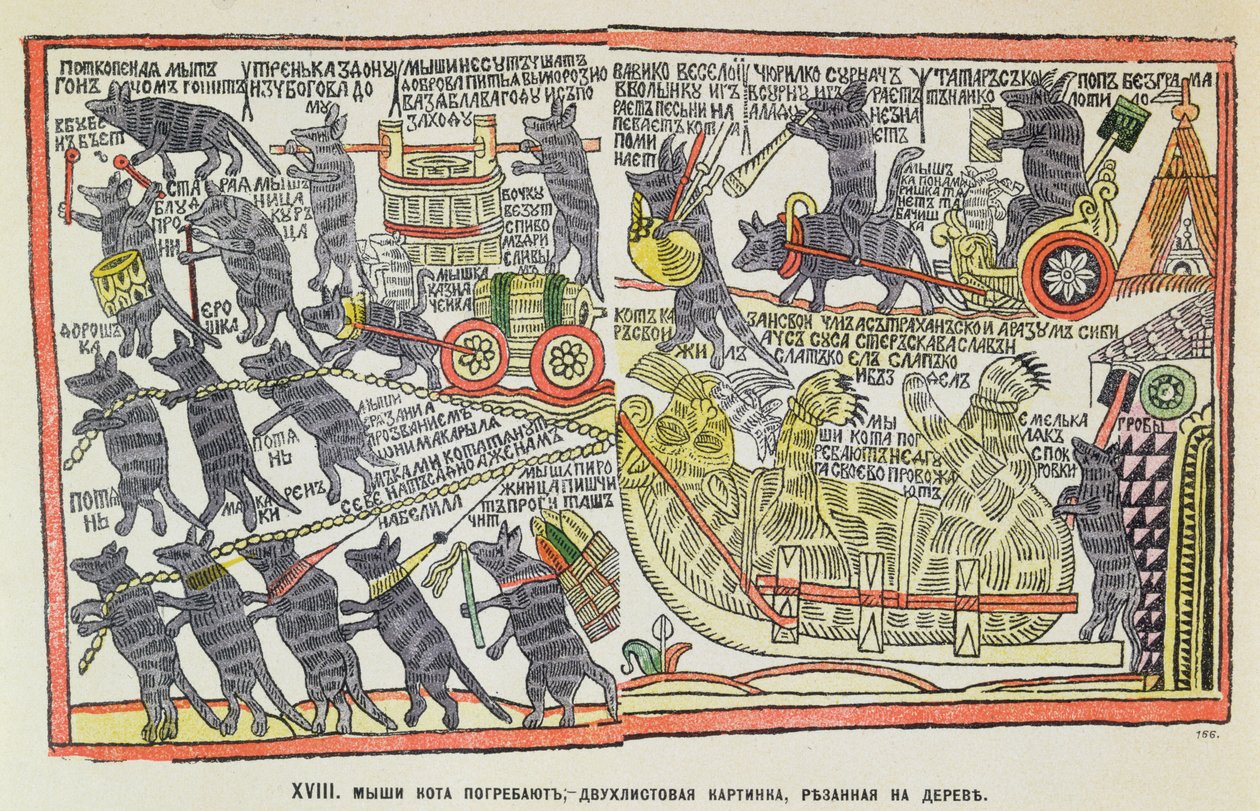 Begravelsesprosesjon av mus for en død katt, karikatur om begravelsen av Peter den store, 1860 (populært tresnitt i farger) av Russian School