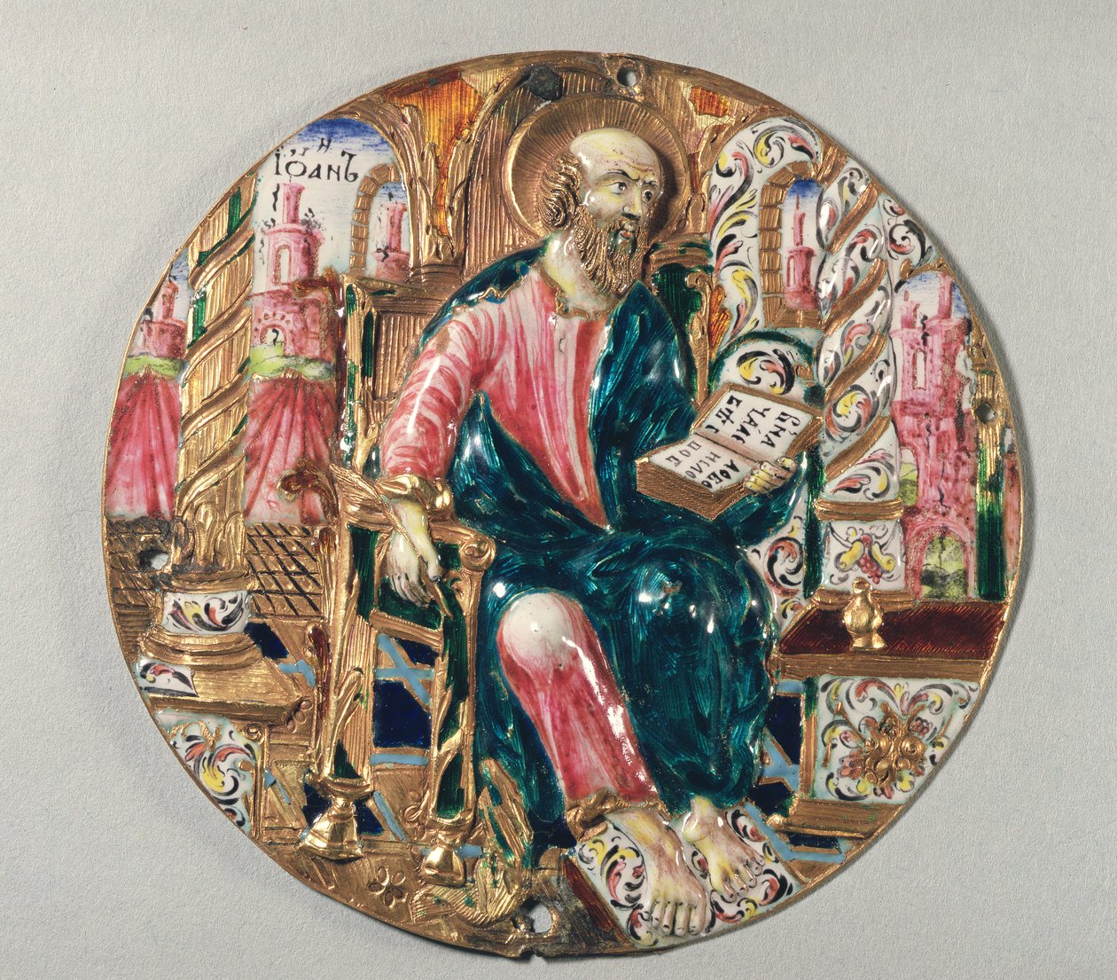 Forgylt og emaljeplakett som viser St. Johannes evangelisten, verkstedet i Kreml i Moskva, 1600-tallet (gull og emalje) av Russian School