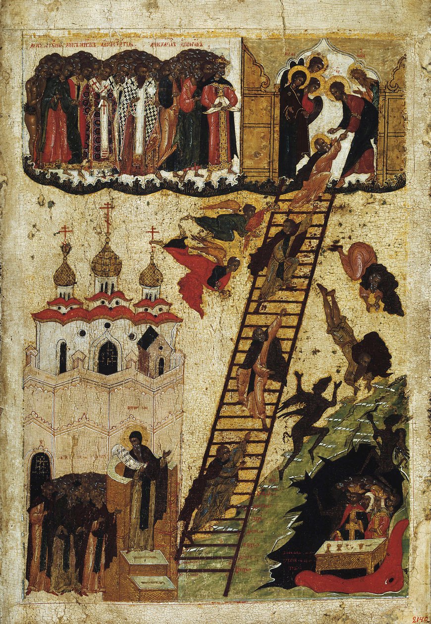 Himmelsk stige av St. John Climacus (tempera på panel) av Russian School