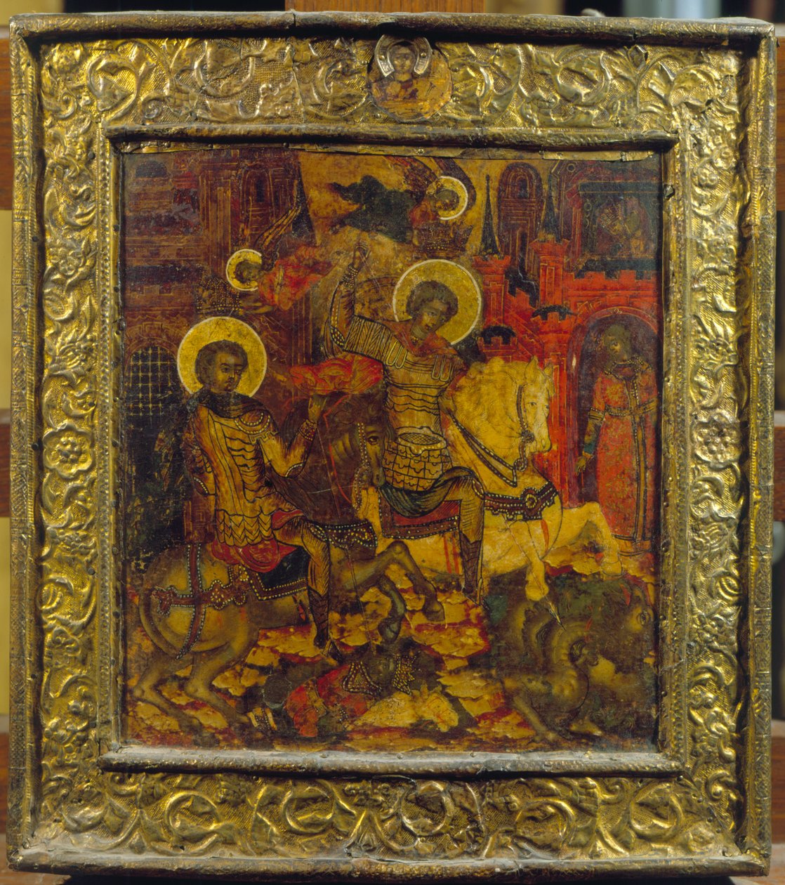 Ikon som viser St. George og St. Demetrius, ca. 1676 (tempera på panel) av Russian School