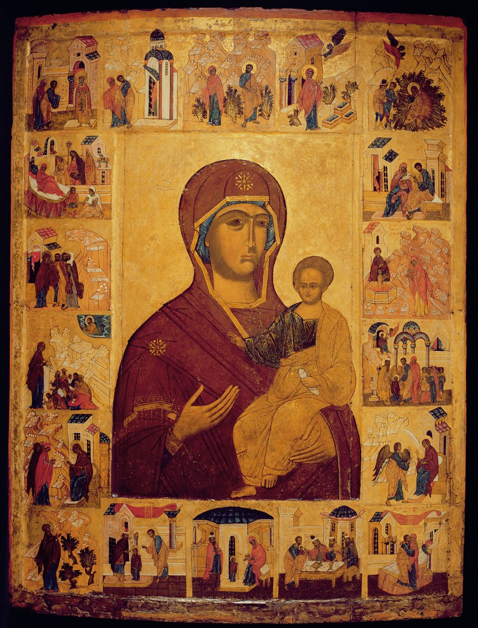 Ikon som viser jomfruen og barnet (tempera og bladgull på panel) av Russian School