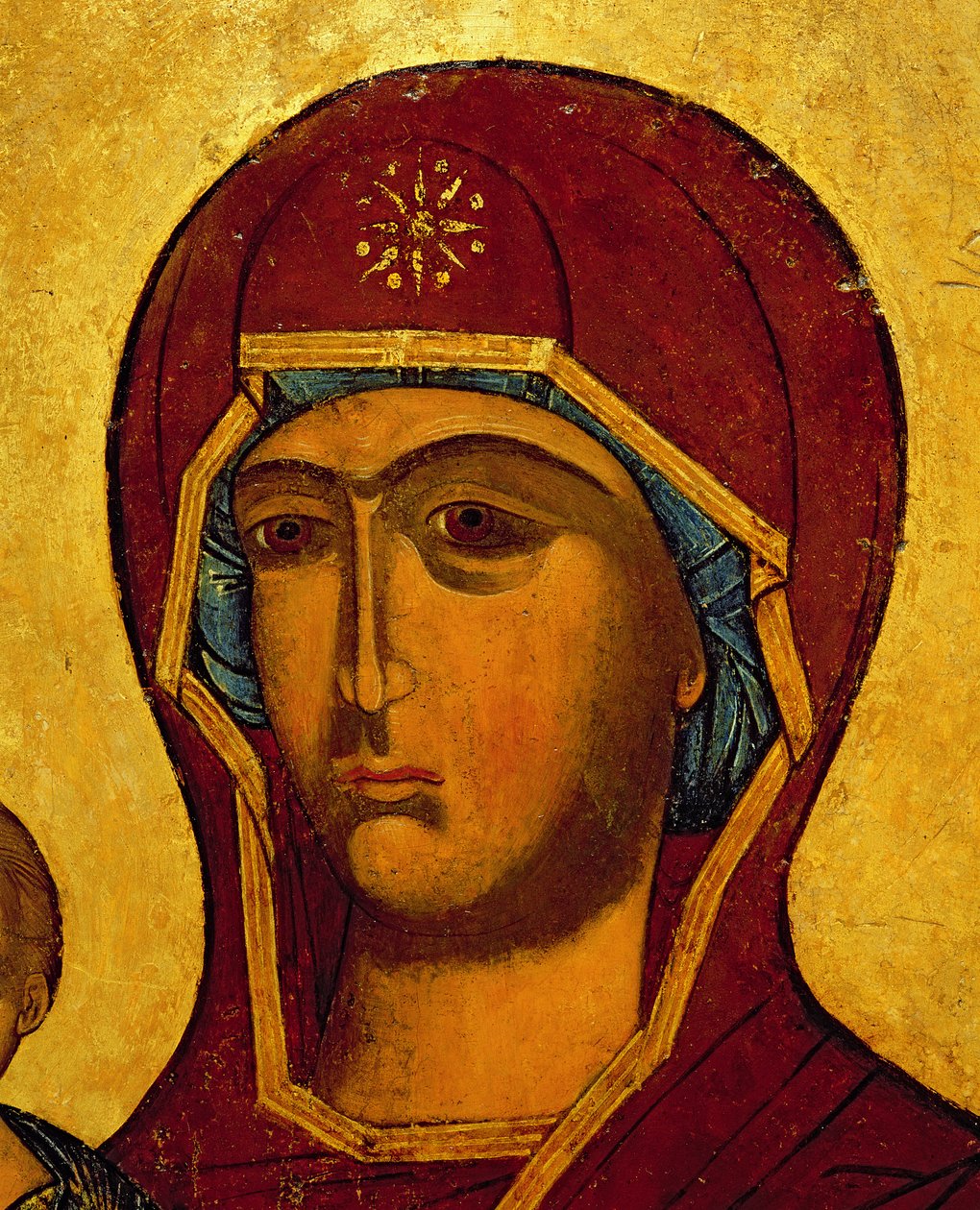 Ikon som viser hodet til jomfruen, ca. 1550 (tempera og bladgull på panel) (detalj av 314500) av Russian School