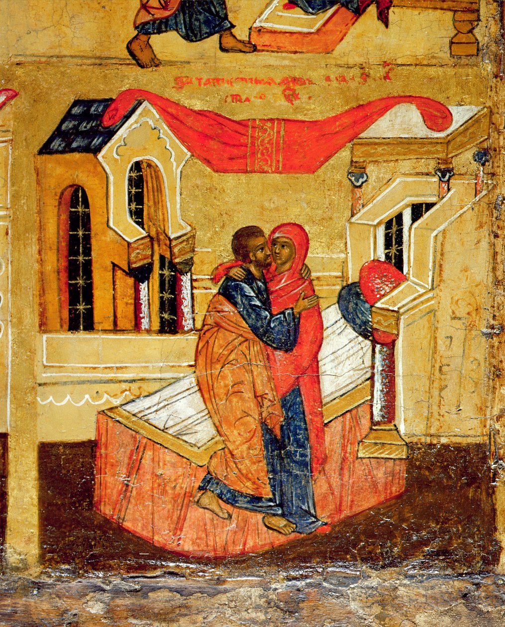 Ikon som viser møtet ved Golden Gate, ca. 1550 (tempera og bladgull på panel) (detalj av 314500) av Russian School