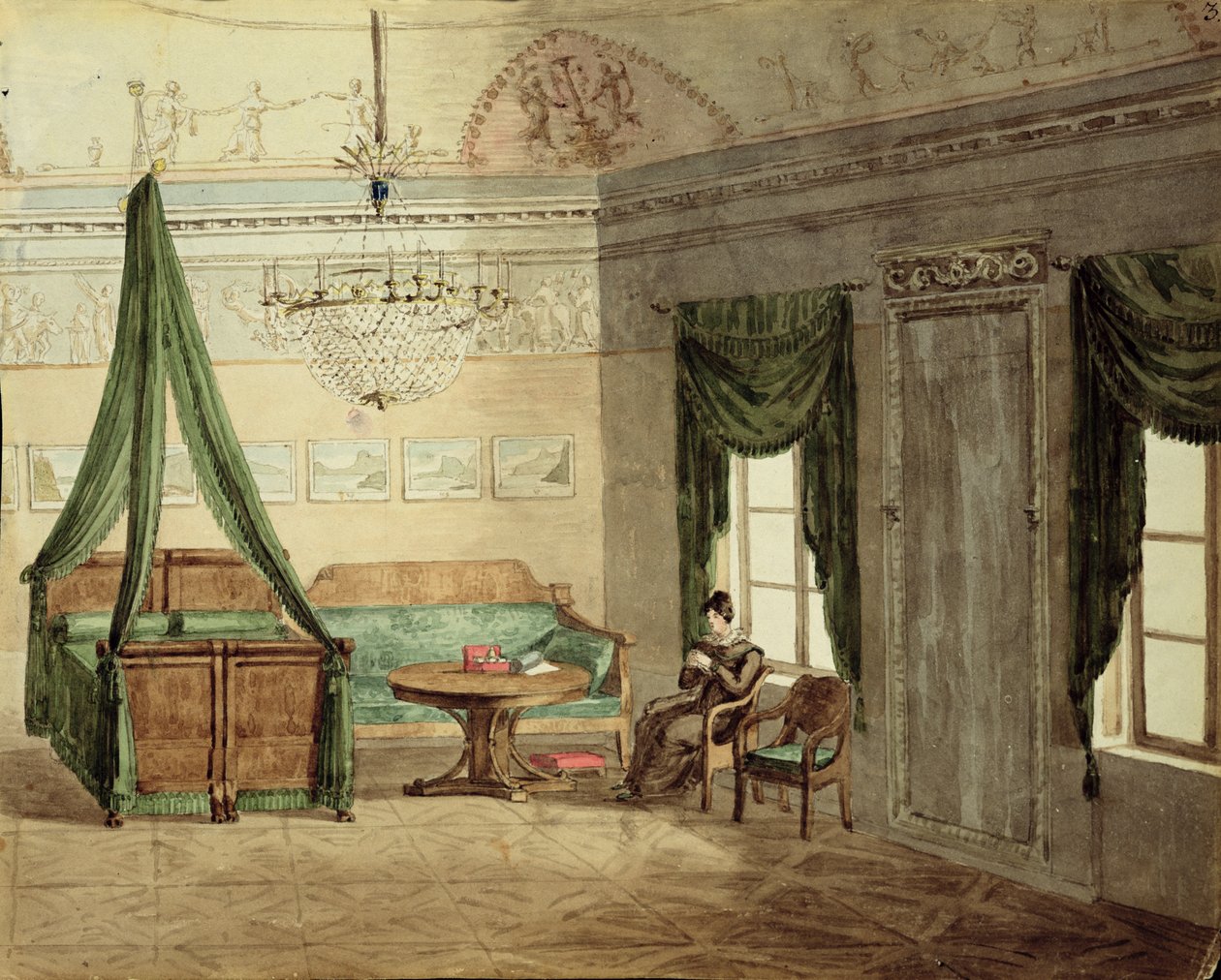 Nyklassisk sengekammer, 1819 (wc på papir) av Russian School