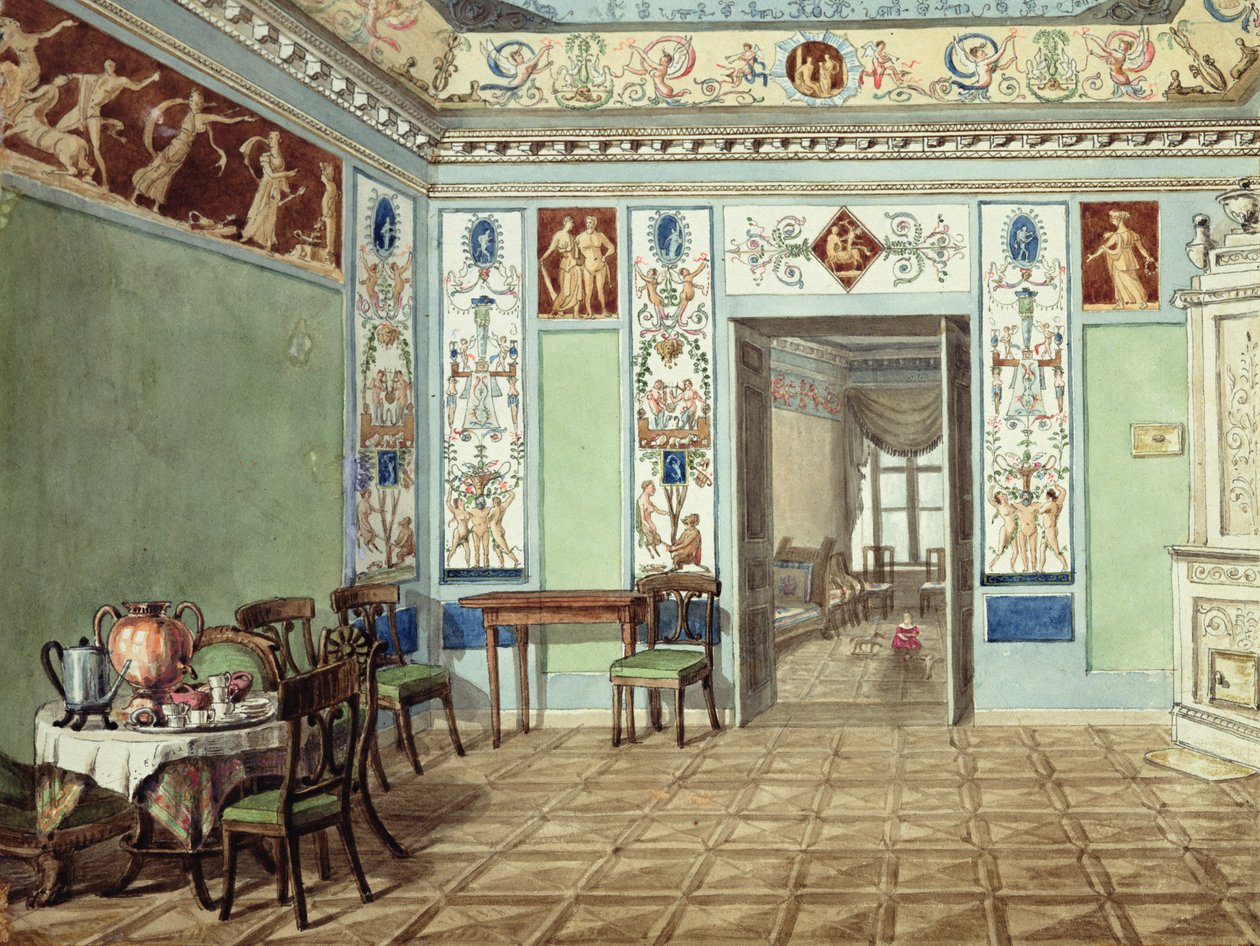 Nyklassisk etruskisk frokostrom, 1820 (wc på papir) av Russian School