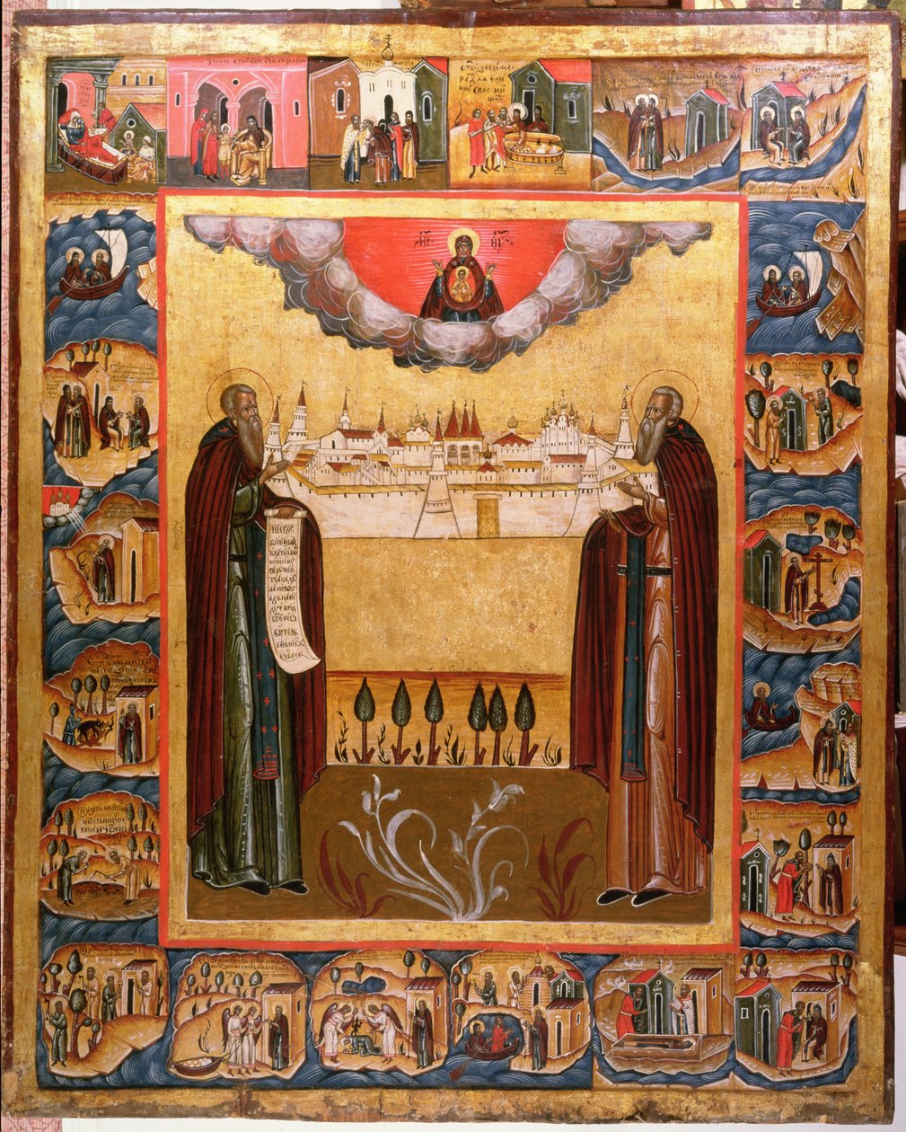 De hellige Zosimus og Sabbatheus fra Solovetsk med scener fra deres liv, 1700-tallet (tempera på panel) av Russian School