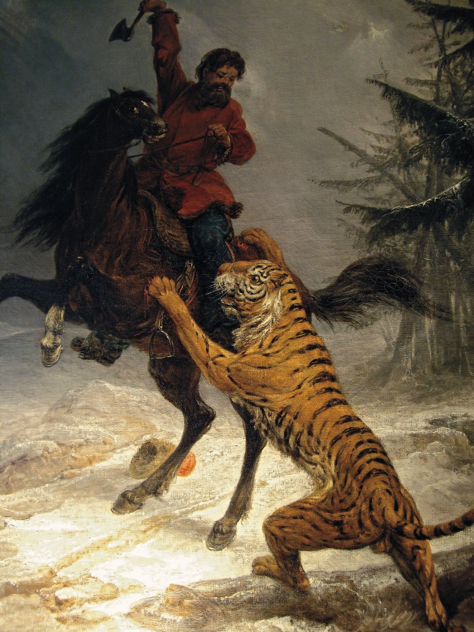 Sibirsk tiger angriper en kosakk av Russian School