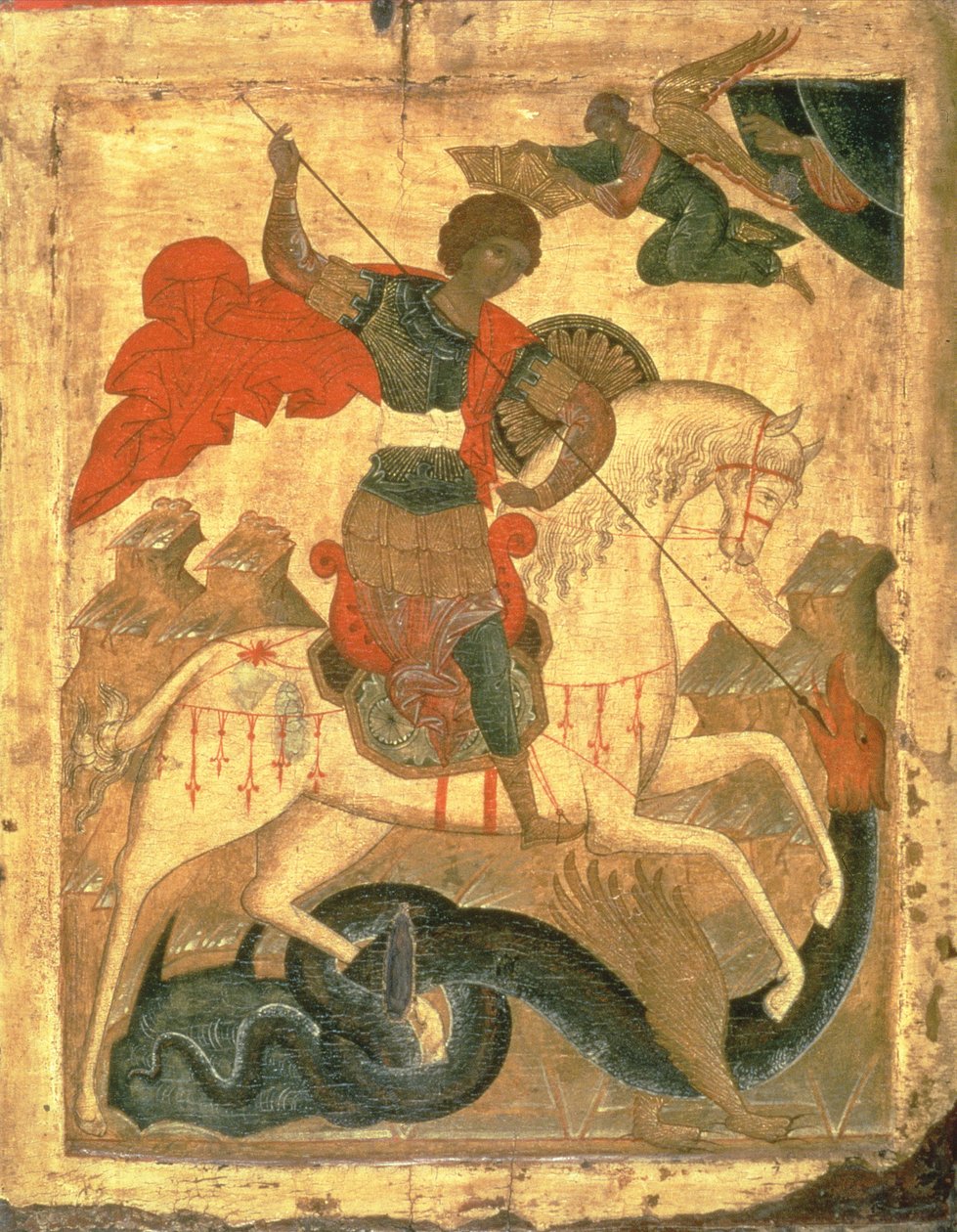 St. George og dragen (tempera på stoff, gesso og tre) av Russian School