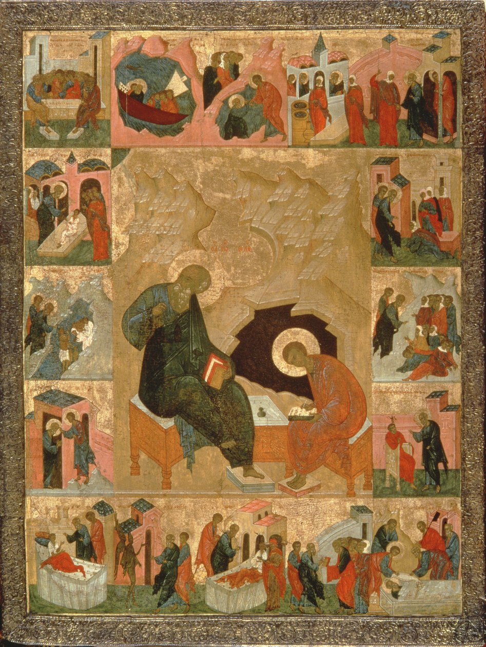 St. Johannes evangelisten og hans skriftlærde, ca. 1500 (tempera på tre) av Russian School