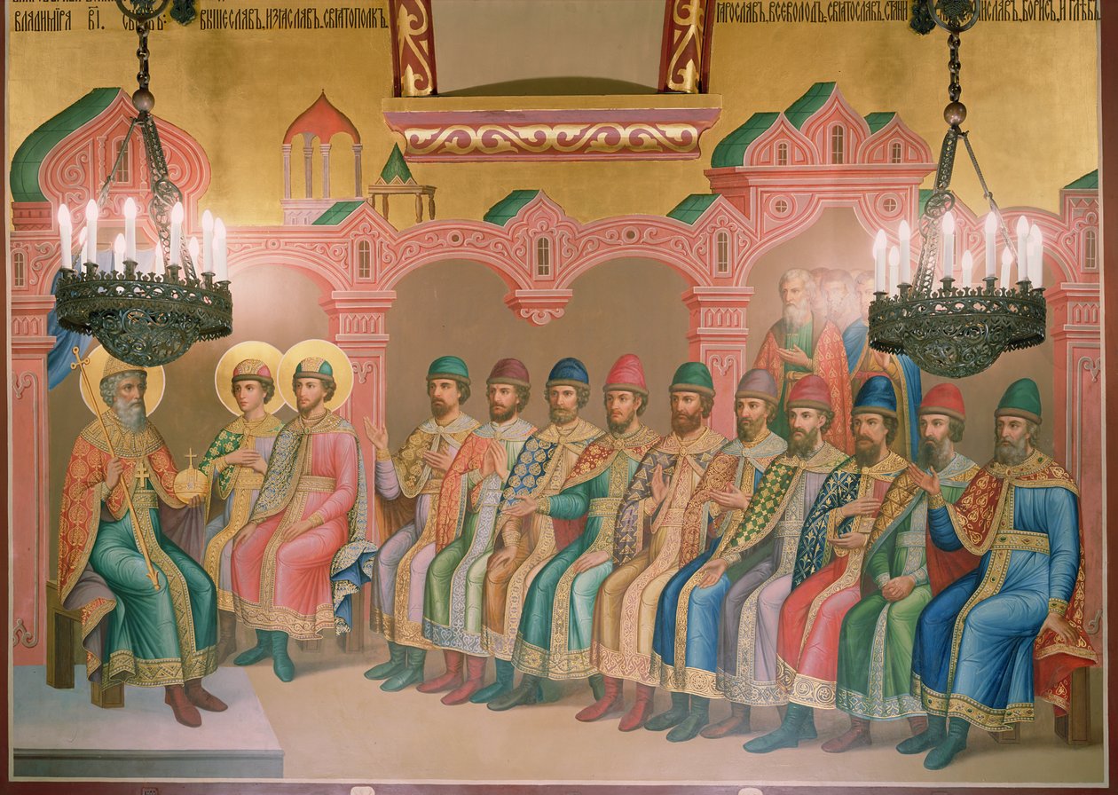 St. Vladimir, storhertug av Kiev og hans sønner, veggmaleri av Palekh-mestere i det fasetterte kammeret, 1882 (veggmaleri) av Russian School