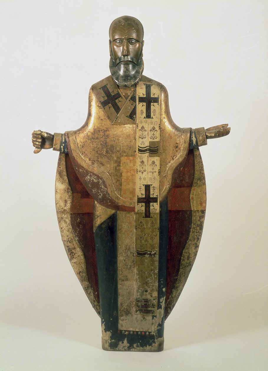 Statue av St. Nicholas av Mozhaisk, russisk, sent på 1500-tallet (tre, ornamentert brokade, gesso, tempera) av Russian School