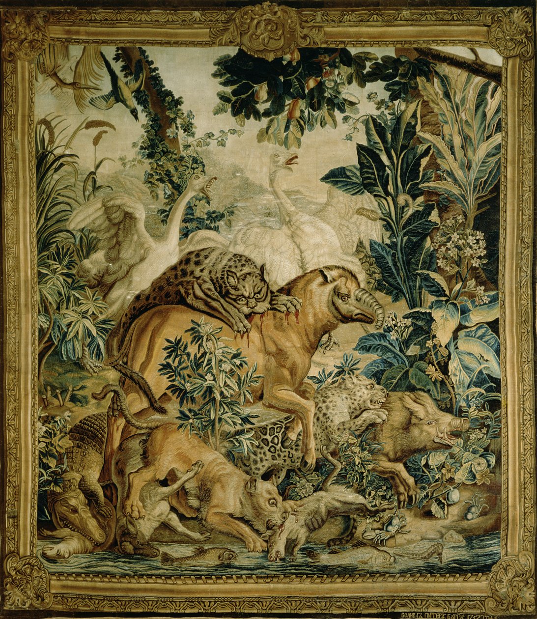 Tapestry som viser ville dyr som kjemper ved et vannhull, kopi fra Indian Carpet-serien designet av D. Deport, 1757 og laget av St. Petersburg Tapestry Factory (tekstil) av Russian School