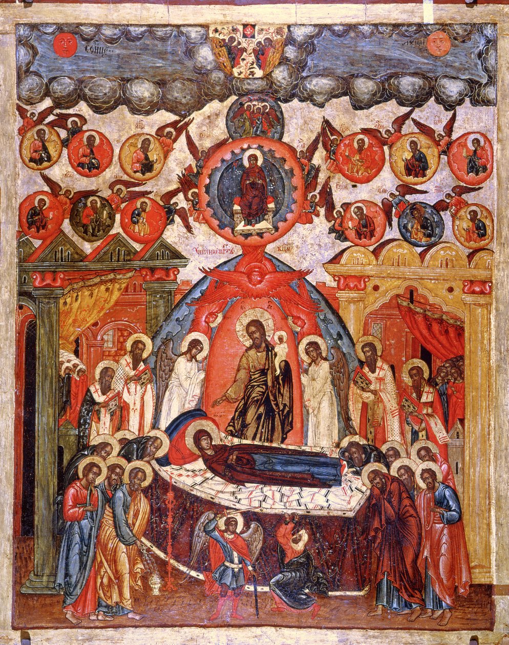 The Dormition, 1700-tallet (tempera på panel) av Russian School