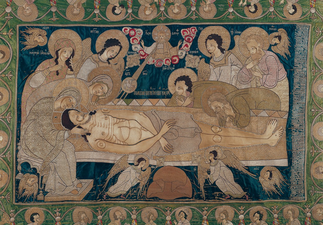 Entombment, Moskva-skolen, 1678 (brodert silke) av Russian School