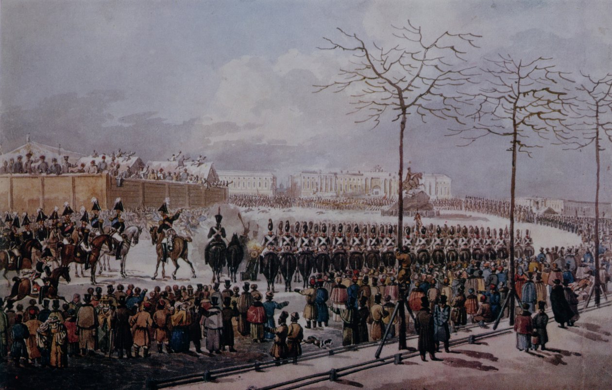 The Insurrection of the Decembrists på Senate Square, St. Petersburg 14. desember 1825 (wc på papir) av Russian School