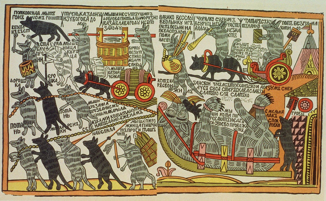 Musene begraver katten, russisk, sent på 1700-tallet (tresnitttrykk) av Russian School