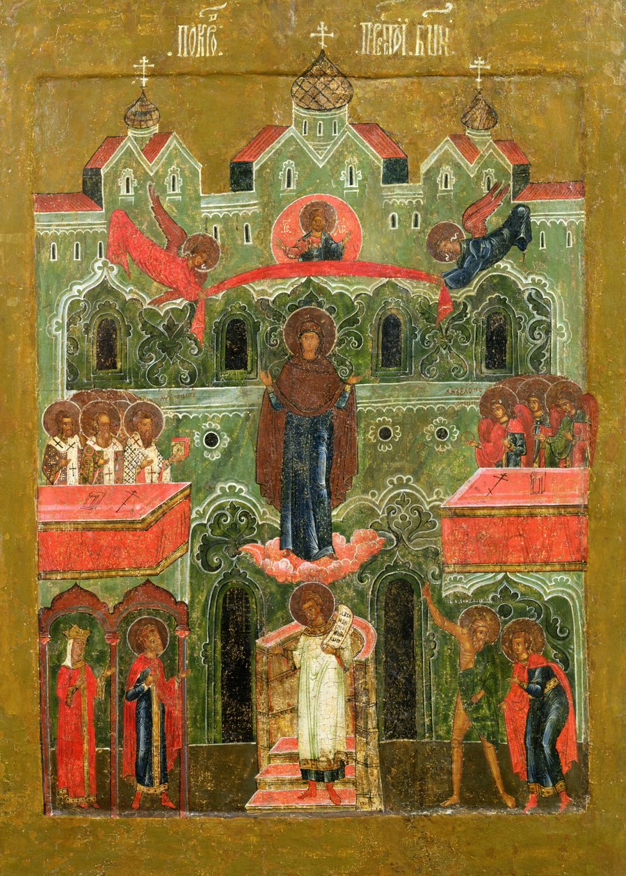 Pokrov (Guds mors forbønn) (tempera på panel) av Russian School
