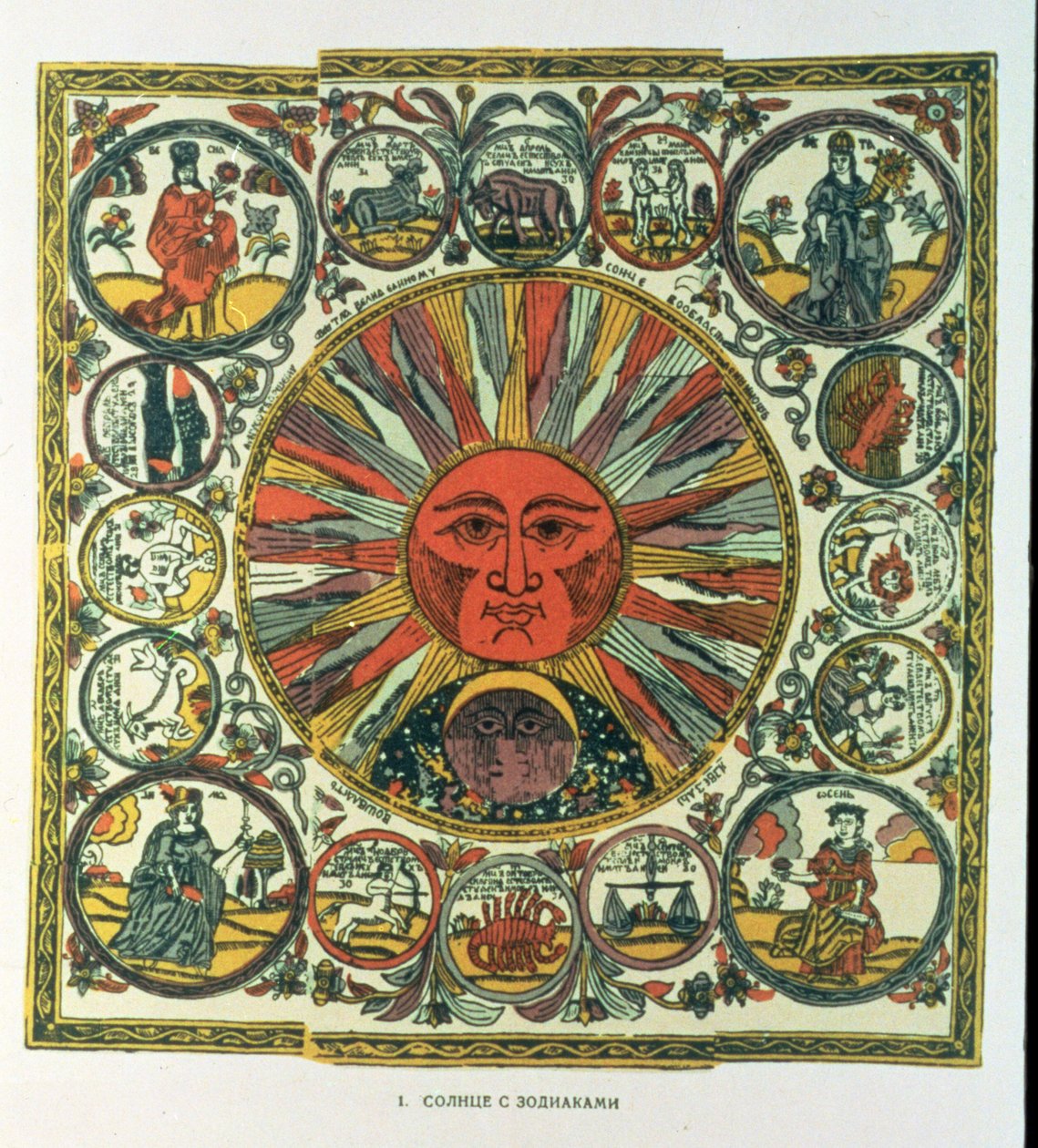 The Sun and the Zodiac, russisk, sent på 1700-tallet (tresnitttrykk) av Russian School