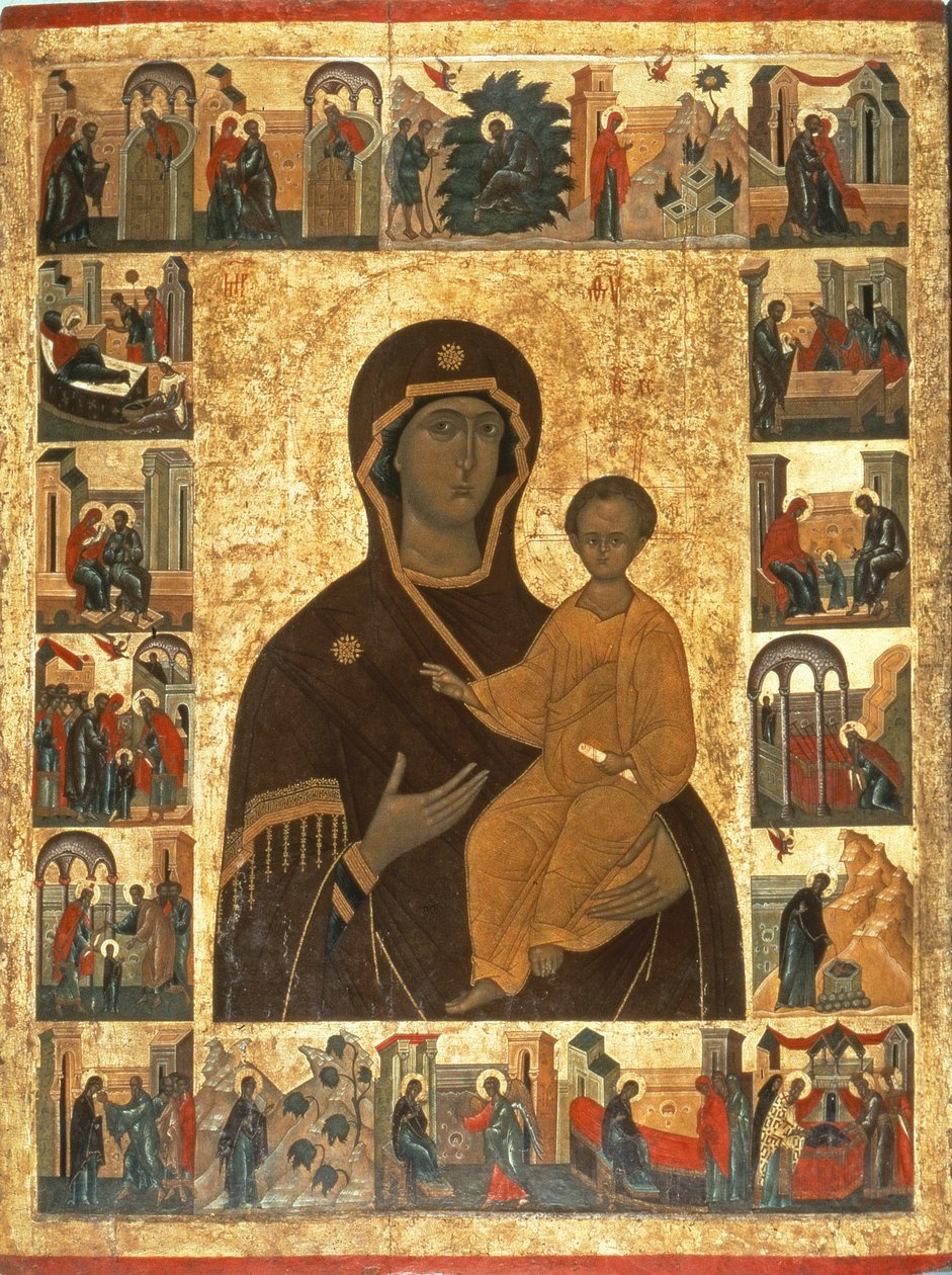 Virgin Hodegetria Icon of Smolensk, ca. 1450 (tempera på stoff, gesso og tre) av Russian School