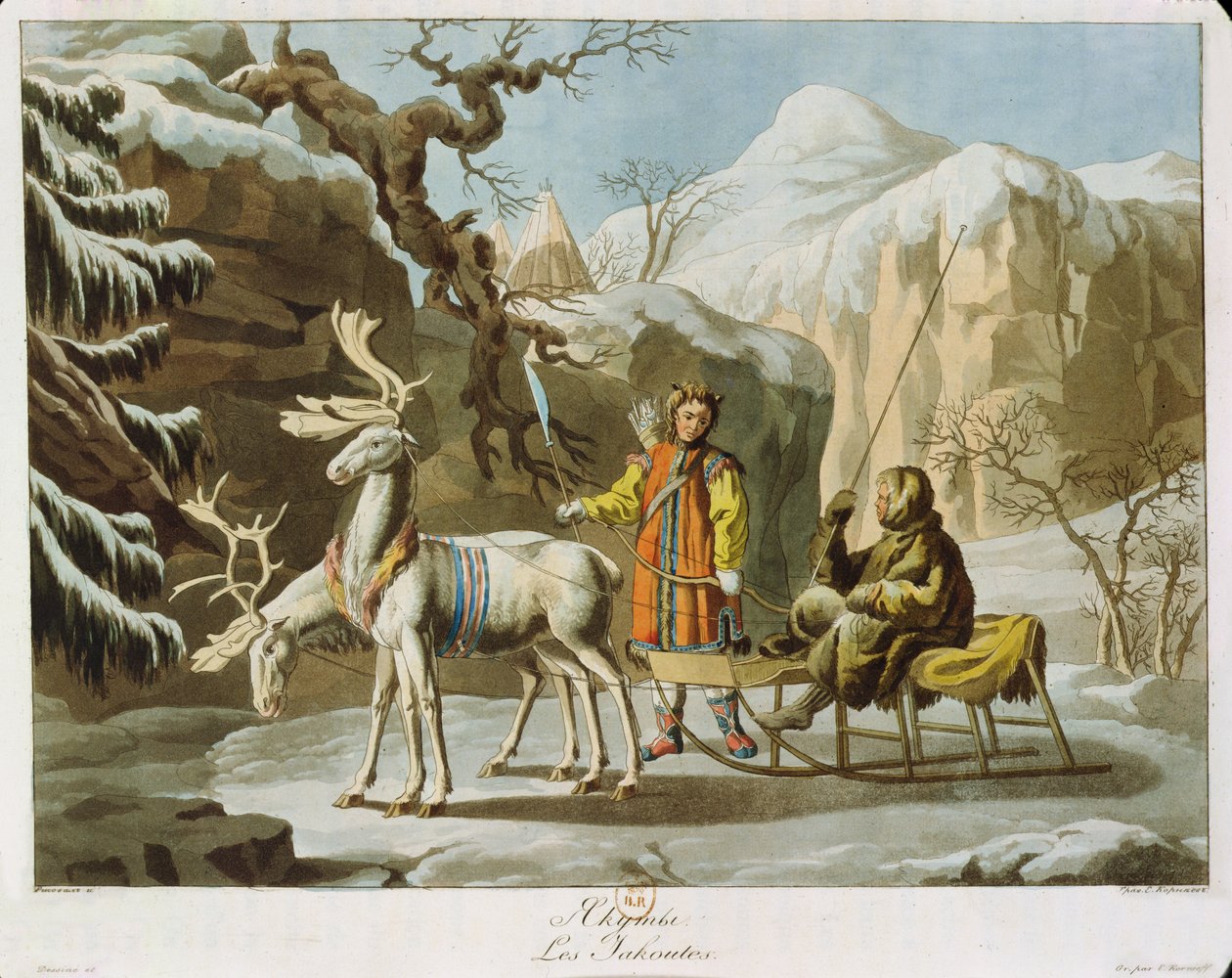 Yakuter i det sentrale Sibir i vinterlandskap, kledd i pels og med reinslede, utgitt 1813 (akvatint) av Russian School