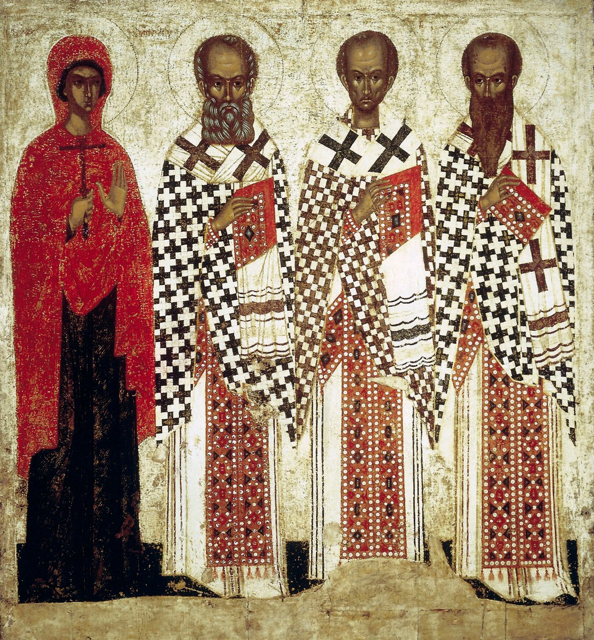 Paraskeva Pyatnitsa, Gregory the Theologian, John Chrysostom and Basil the Great, tidlig på 1400-tallet av Russian icon.