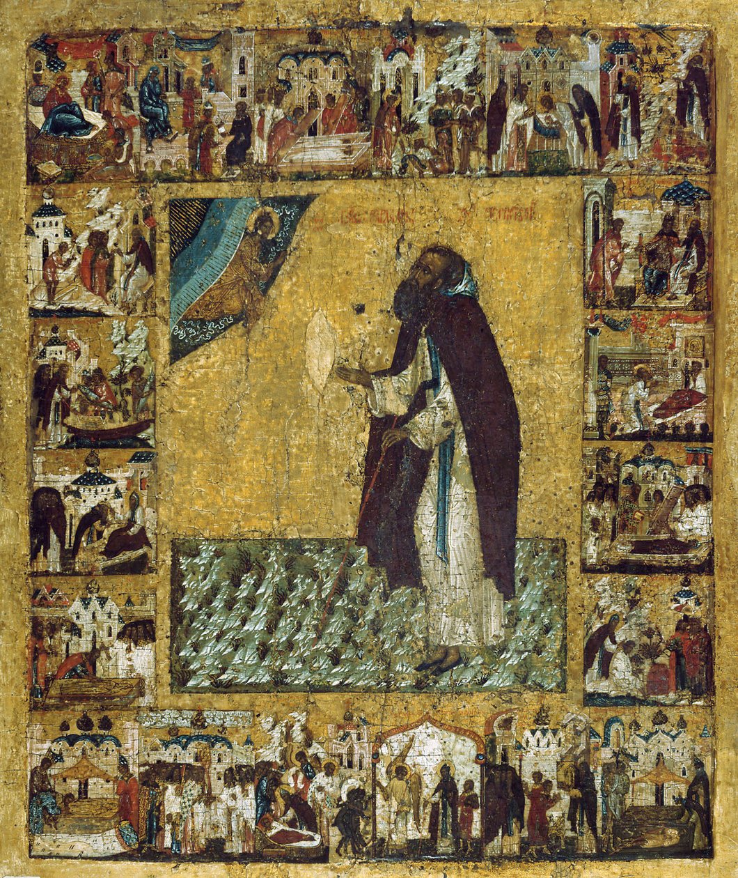Saint Barlaam av Khutyn med scener fra hans liv, 1560-årene. av Russian icon.