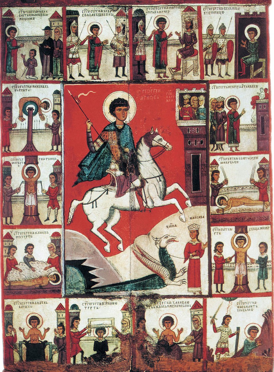 Saint George med scener fra hans liv, 1300-tallet. av Russian icon.