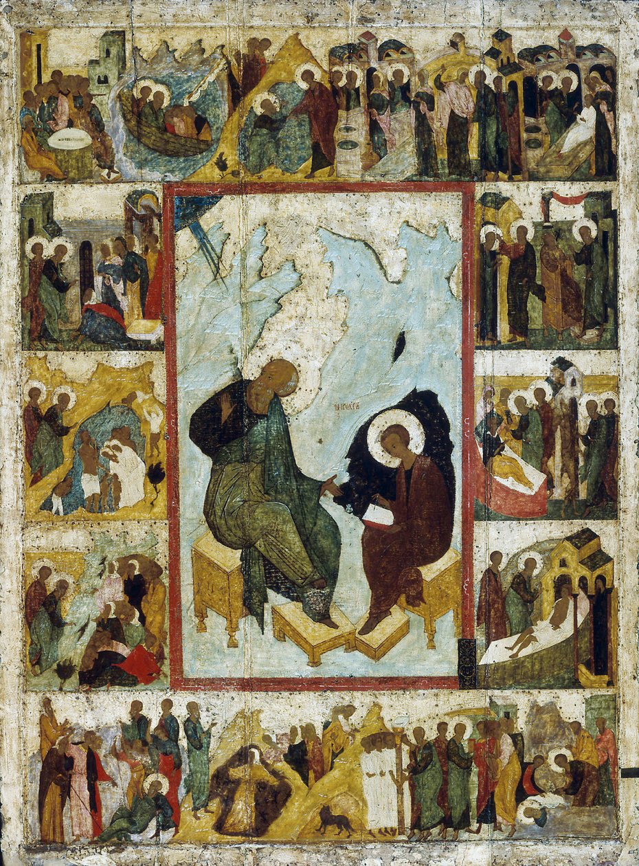 Evangelisten Johannes på Patmos med scener fra hans liv, tidlig på 1500-tallet. av Russian icon.