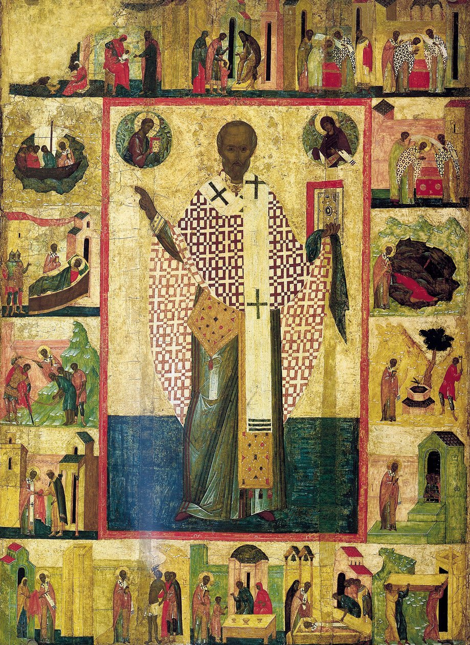 Saint Nicholas of Zaraisk med scener fra hans liv, tidlig på 1500-tallet. av Russian icon.