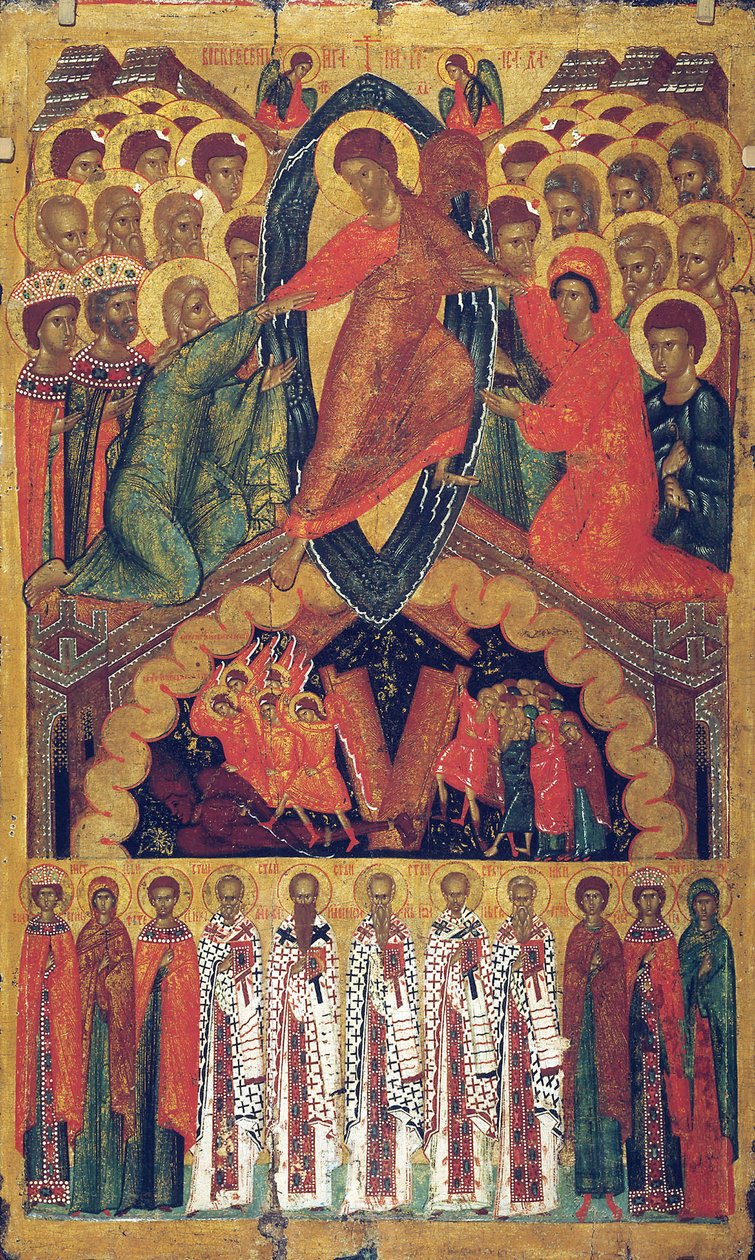 Nedstigningen til helvete, med utvalgte hellige, sent på 1400-tallet. av Russian icon.
