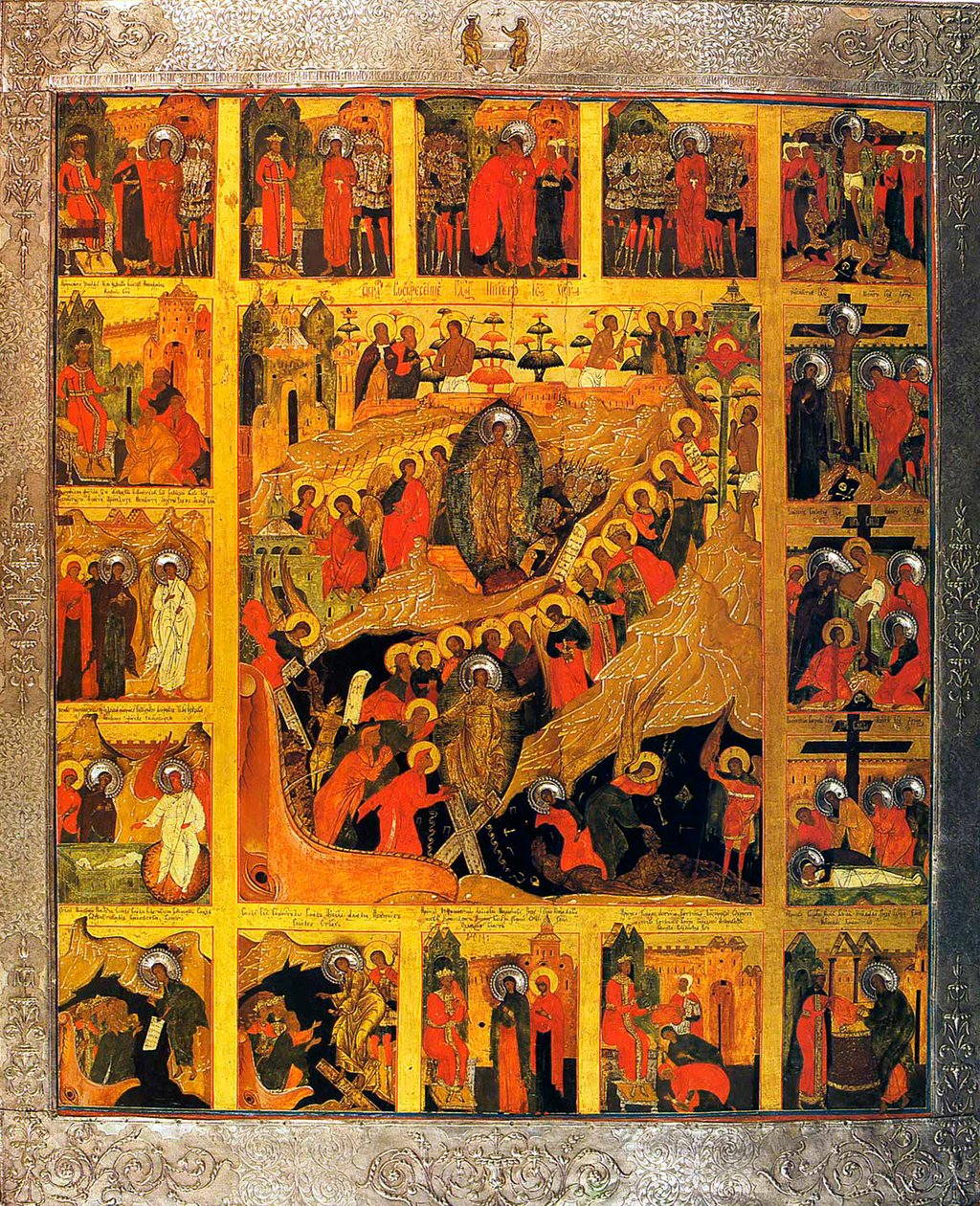 Nedstigningen til helvete med scenene fra Kristi lidenskap, 1500-tallet. av Russian icon.