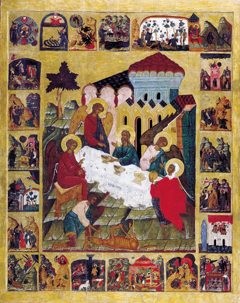 Det gamle testamentets treenighet med scener fra 1. Mosebok, c1580. av Russian icon.