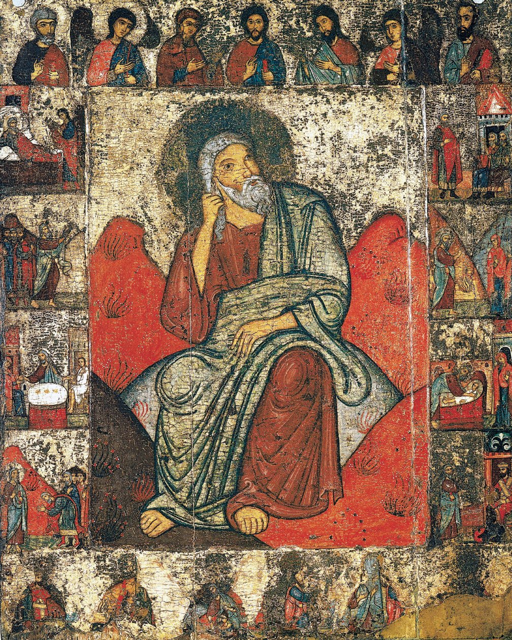 Profeten Elia i villmarken med scener fra hans liv og Deesis, 13.- første tredjedel av 14. av Russian icon.