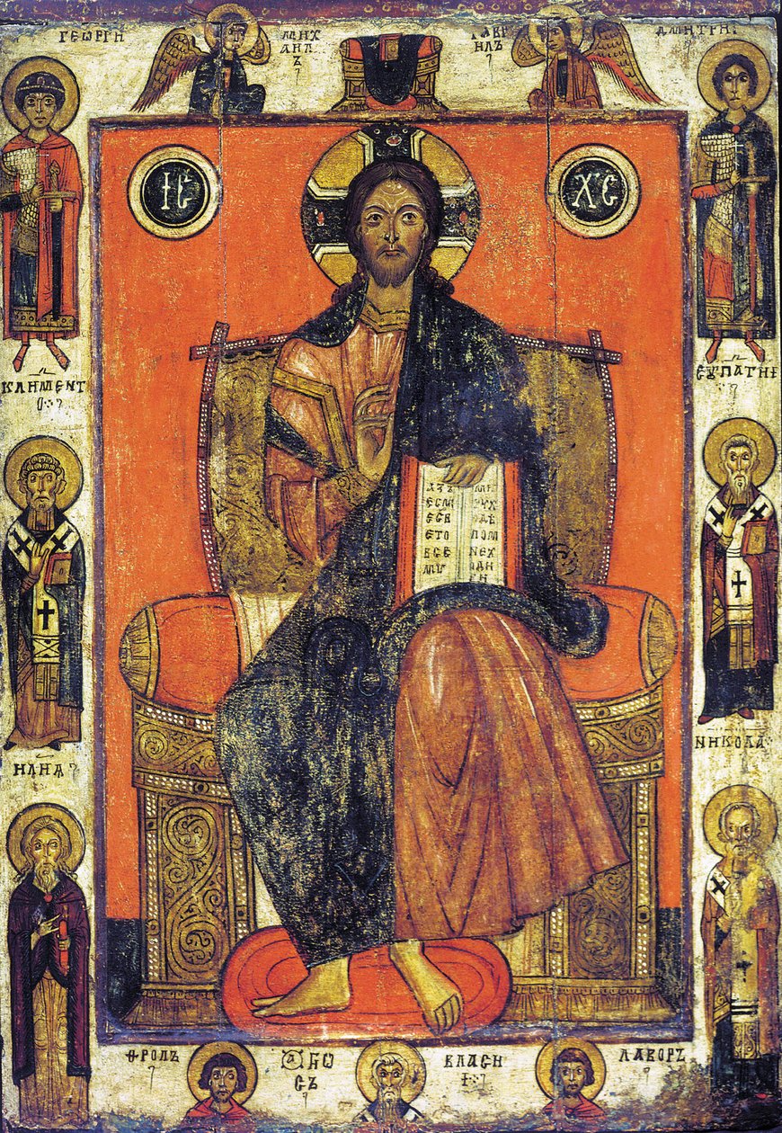 Frelseren på tronen med utvalgte hellige, slutten av det 13. - begynnelsen av det 14. århundre. av Russian icon.