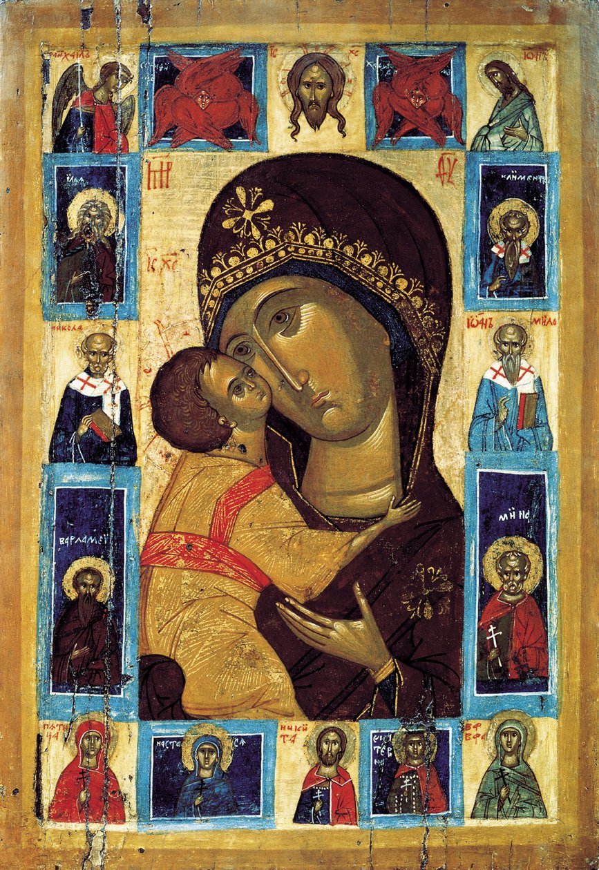 Jomfruen Eleusa med utvalgte hellige, tidlig på 1500-tallet. av Russian icon.