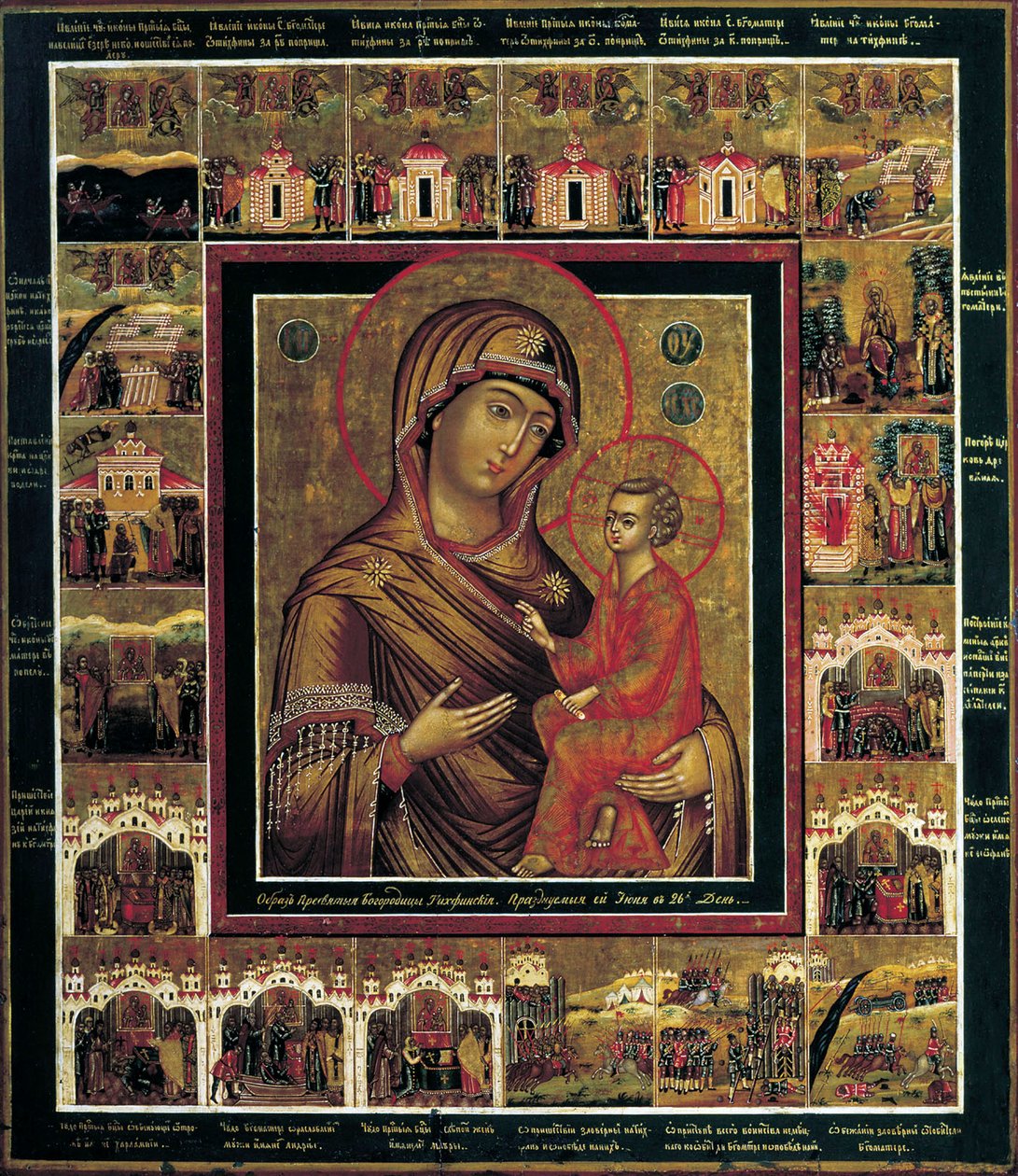 Jomfruen av Tikhvin med grensescener, første kvartal av 1800-tallet. av Russian icon.