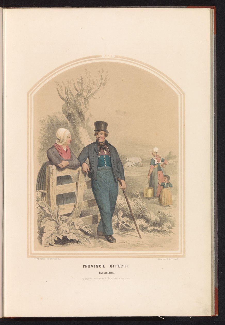 Klederdracht van Bunschoten in Utrecht, 1857 Provincie Utrecht. Bunschooten / XXI (title on object)   1374143   no       norwegian Successfully Translated  Original: Two Women in Day Dresses: Preparatory drawing for a fashion plate from..., October 19, 188 av Ruurt de Vries