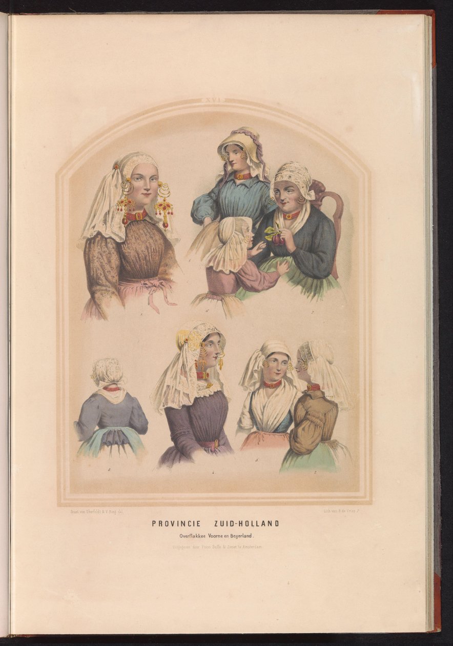 Tradisjonelle drakter av Overflakkee, Voorne og Oud-Beijerland i Sør-Holland, 1857-provinsen Sør-Holland Overflakkee Voorne og Beijerland / XVI (tittel på objekt) av Ruurt de Vries