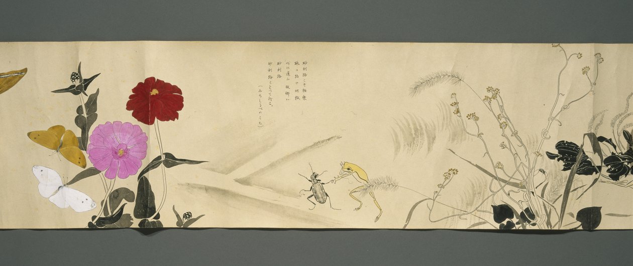 Wildlife Friends (Yasei no Tomo), Taisho-perioden, Taisho 7. år, ca. 1918 (blekk og wc på vevd papir dekorert med glimmer) av Ryoka Kawakami