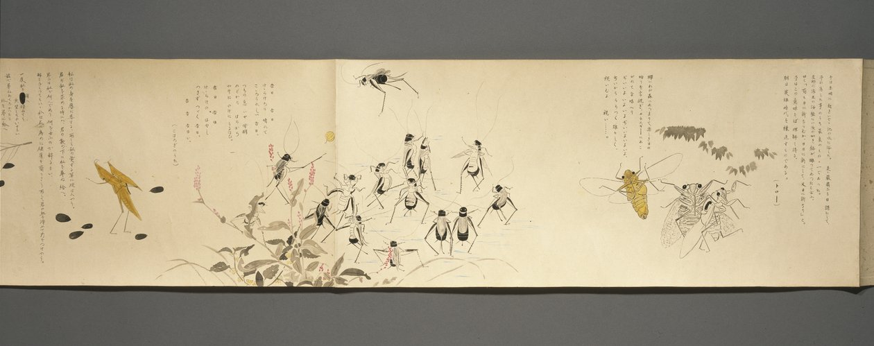 Wildlife Friends (Yasei no Tomo), Taisho-perioden, Taisho 7. år, ca. 1918 (blekk og wc på vevd papir dekorert med glimmer) av Ryoka Kawakami