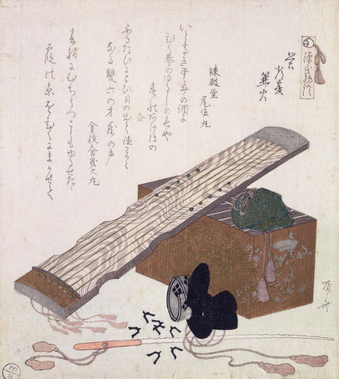 Stilleben med en Koto, ca. 1810 (treblokktrykk i farger) av Ryuryukyo Shinsai