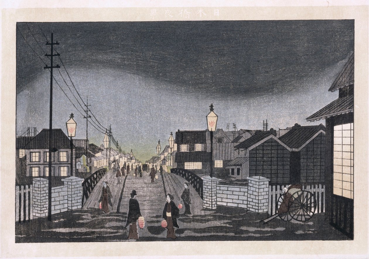 Night View, Nihonbashi (farget treblokktrykk) av Ryuson Ogura