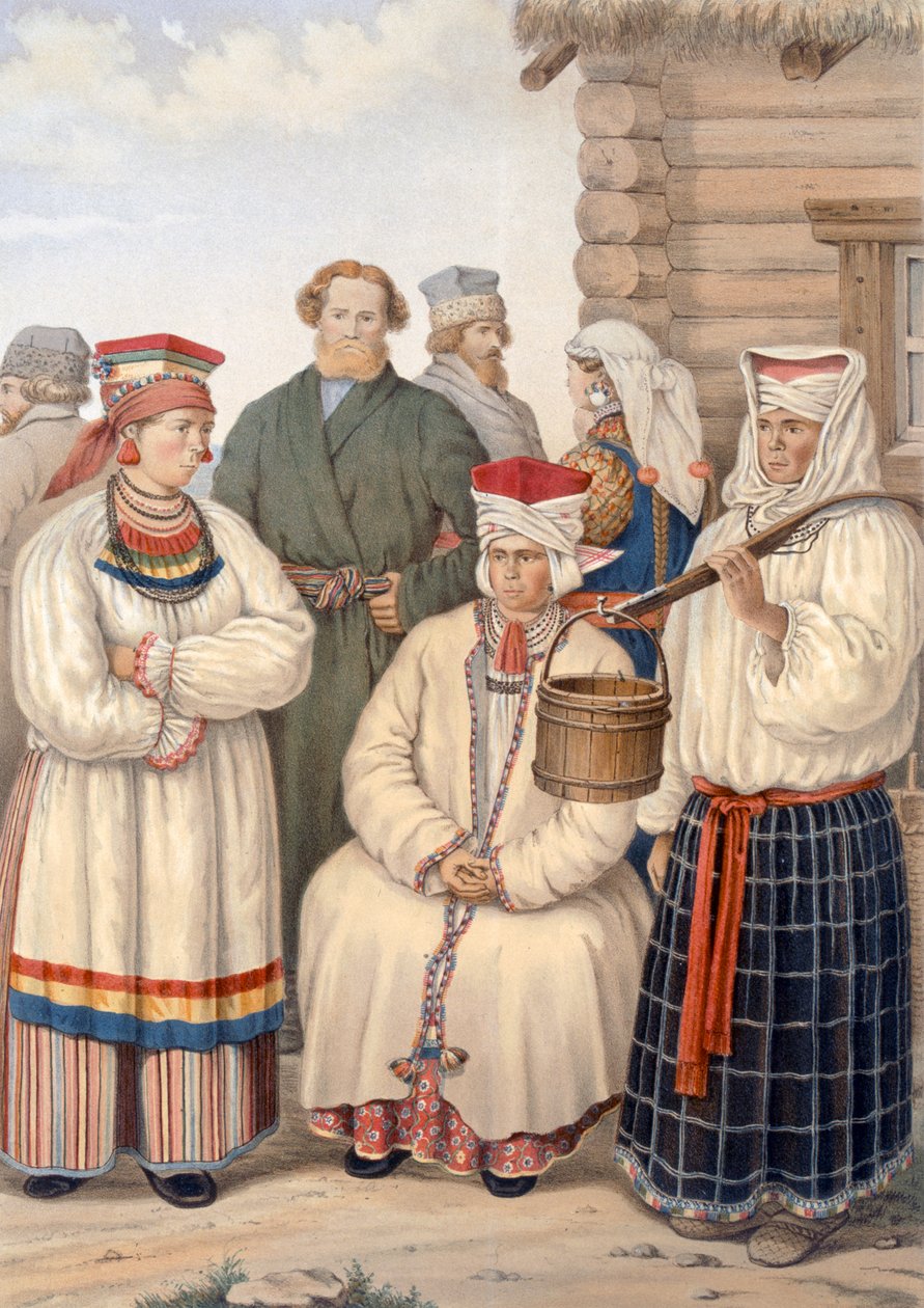 Vinterkostyme til en familie av bemerkelsesverdige borgere, distriktet Voronege, ca. 1840-tallet av S. Pavloff
