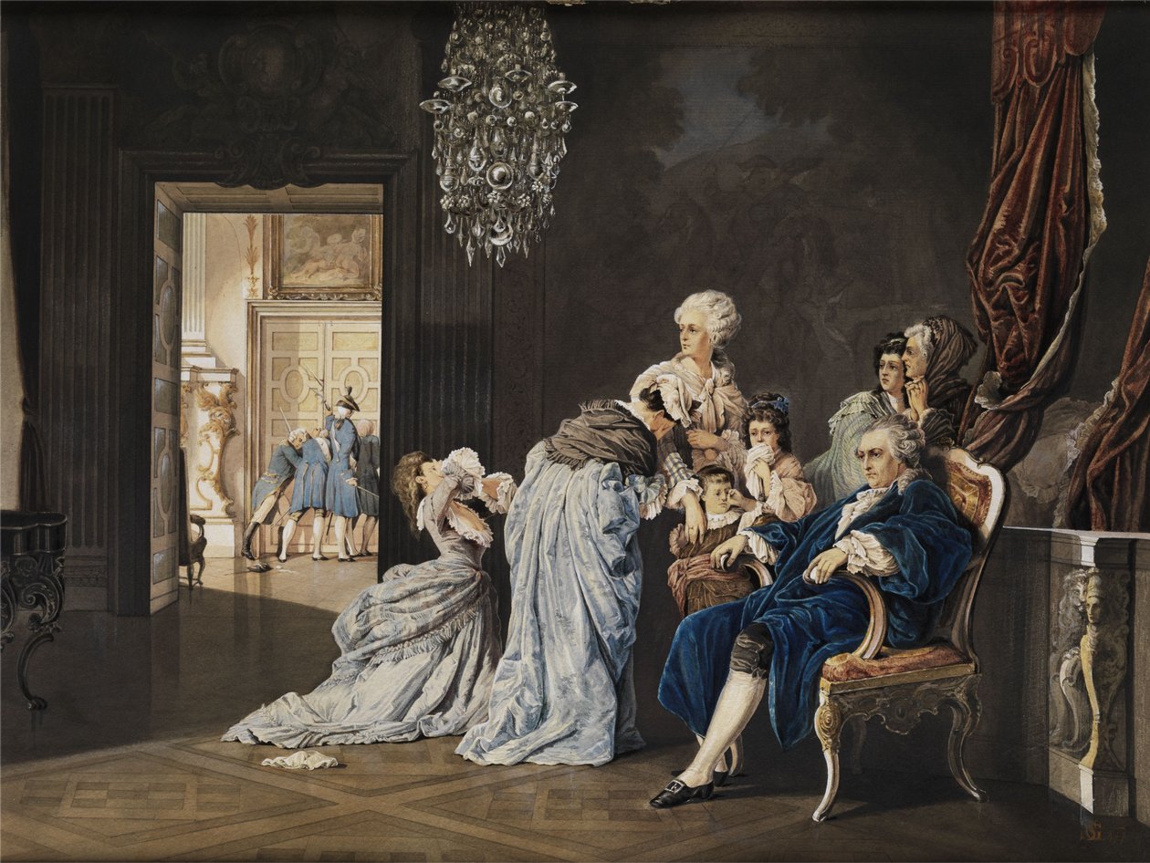 De siste timene til den franske kongefamilien (Louis XVI og Marie Antoinette) i Louvre før de revolusjonære brøt inn. Akvarellmaling/gouache på papp. 38x51 cm. Monogram "SG" og datert "1877" nede til høyre av „SG“