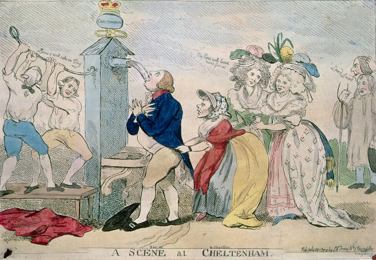 En scene i Cheltenham. Satirisk tegneserie, pub. 1788 av S.W. Fores