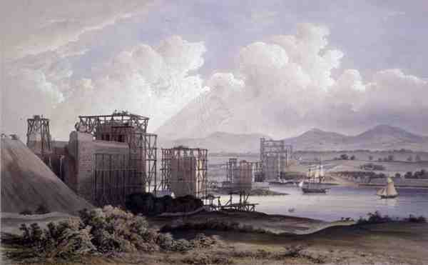 Britannia Tubular Bridge over Menai-stredet, tatt under byggingen i 1848, litografi av Day and Son av S. (after) Russell