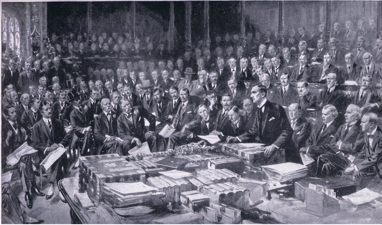 En av de mest betydningsfulle hendelsene i parlamentets historie 3. august 1914, fra Cassells History of the British People utgitt av Waverley Book Company Limited, ca. 1940 av S. Begg