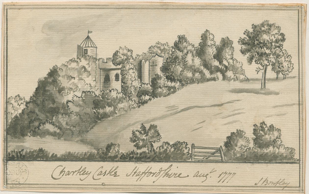 Chartley Castle: sepia-tegning, august 1777 av S Bentley
