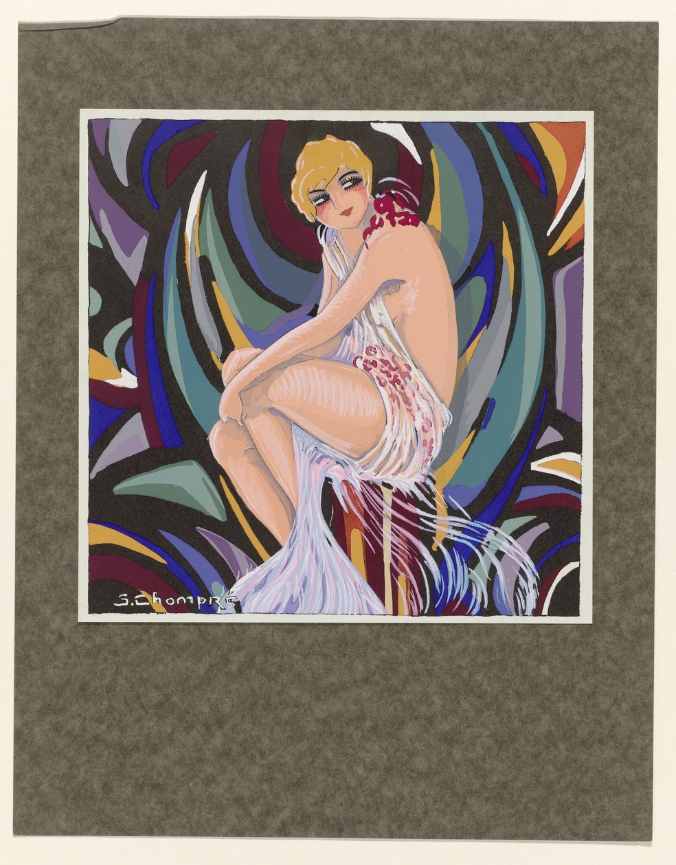 Femmes Modernes, 1926: Sittende kvinne, med draperi. av S Chompré